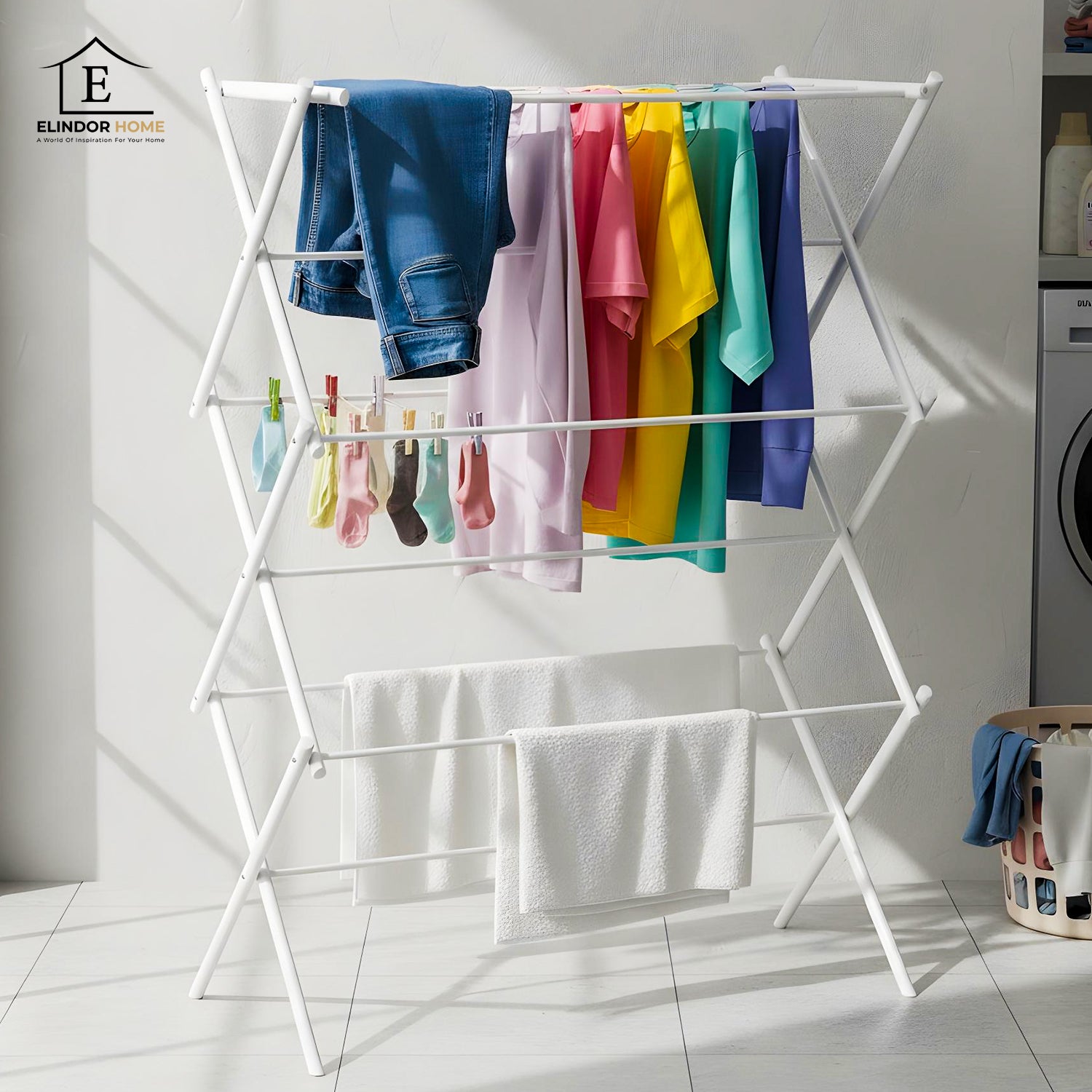 Uscator Vertical Elindor® pentru Rufe haine 6 Nivele, Pliabil, 11 Bare pentru Uscare Haine, Suport Fix, Economie de Spatiu, Ideal pentru Interior, Greutate Maxima Suportata 14.5 kg, 37 × 75 × 106 cm, Alb – Default Title