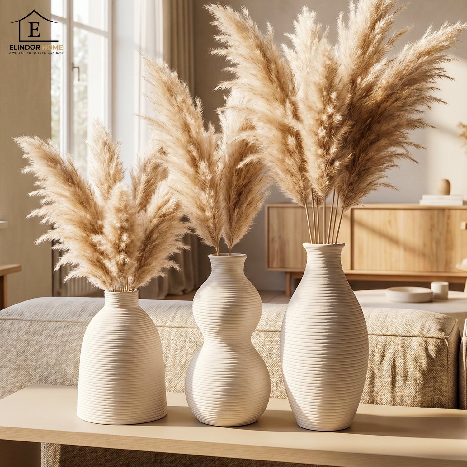 Set 3 Vaze Decorative Elindor® Ideale pentru Flori, Cadou de Casa Noua, Vaza Decorativa pentru Interior sau Exterior, Living, Birou, Dormitor, Hol, Terasa, Textura Mata in Dungi Orizontale, din Ceramica Alba – Default Title