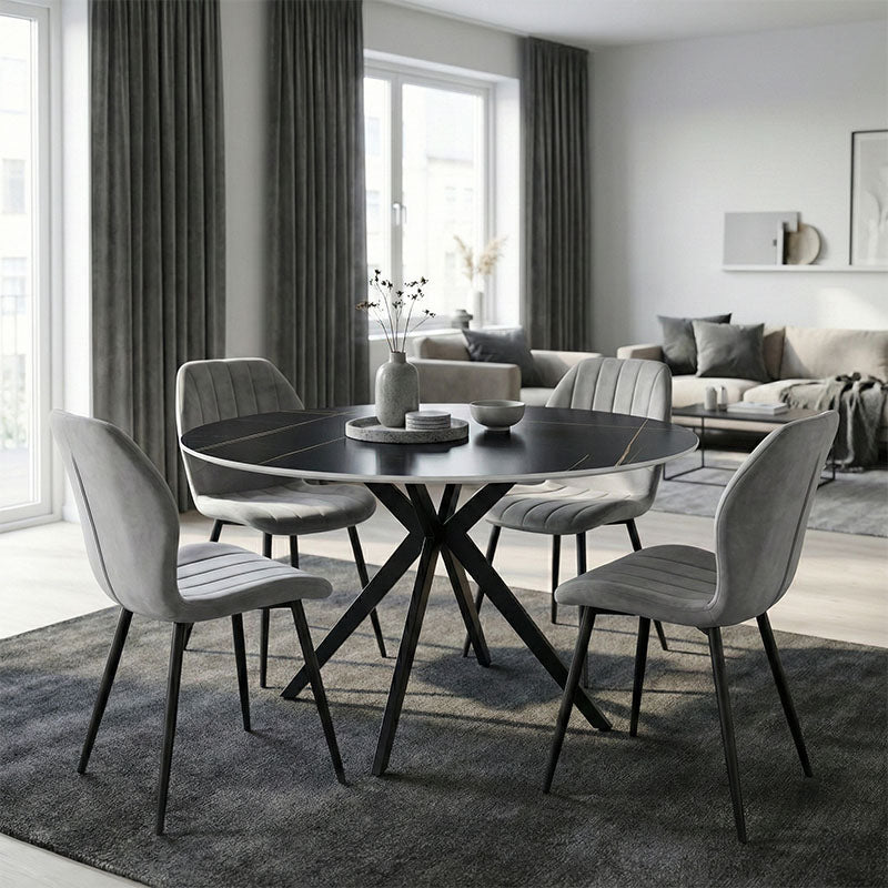 Set mobilier de sufragerie cu Scaune Gri Jelour și Masă Rotundă Neagră Orbital, Metal și Lemn, D120x H76, Set 5 Piese, 120x120x76 cm – Multicolor