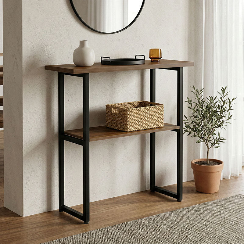 Consolă cu rafturi Solain, Modernă, Metal și Lemn, Nuc, 79x29x85 cm – BLACK – WALNUT