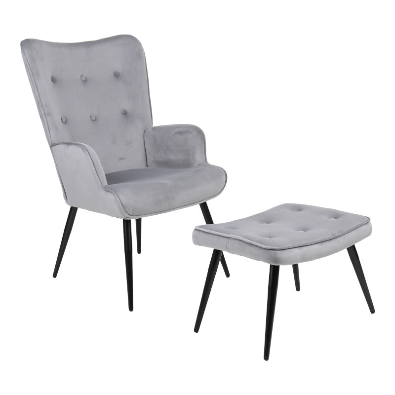 Fotoliu cu taburet Siella, catifea gri, picioare metal, negru, 59x67x94 cm – Negru Fotoliu cu taburet Siella, catifea gri, picioare metal, negru, 59x67x94 cm – Negru