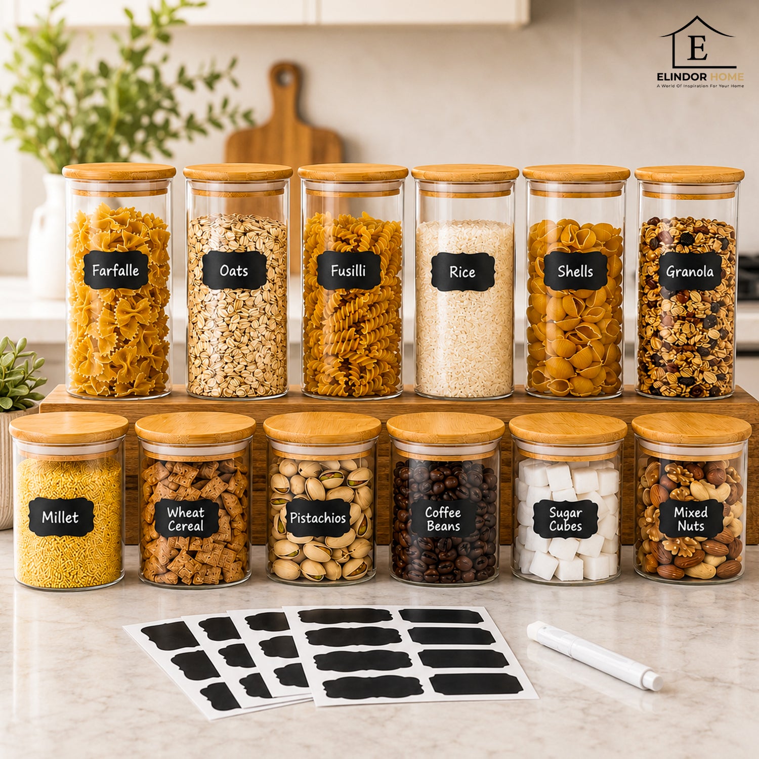 Set 12 Borcane din Sticla Elindor® cu Capac Ermetic din Bambus, Borcan 6 x 1200 ml si 6 x 600 ml. Ideal pentru Condimente, Fructe Uscate, Cafea, Zahar, Recipient Depozitare in Bucatarie, 15 × 10 – 12 x 8 cm, Transparent – Default Title