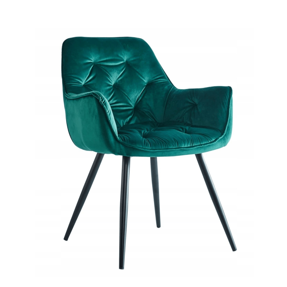 Scaun tapitat din catifea verde, spatar matlasat, picioare metalice negre, pentru living și dining, 83 cm – Default Title