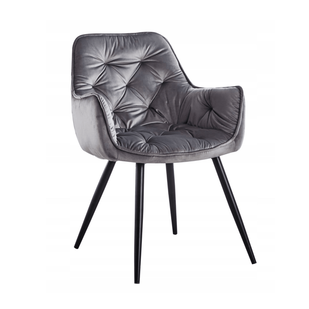 Scaun tapitat din catifea gri, spatar matlasat, picioare metalice negre, pentru living și dining, 83 cm – Default Title