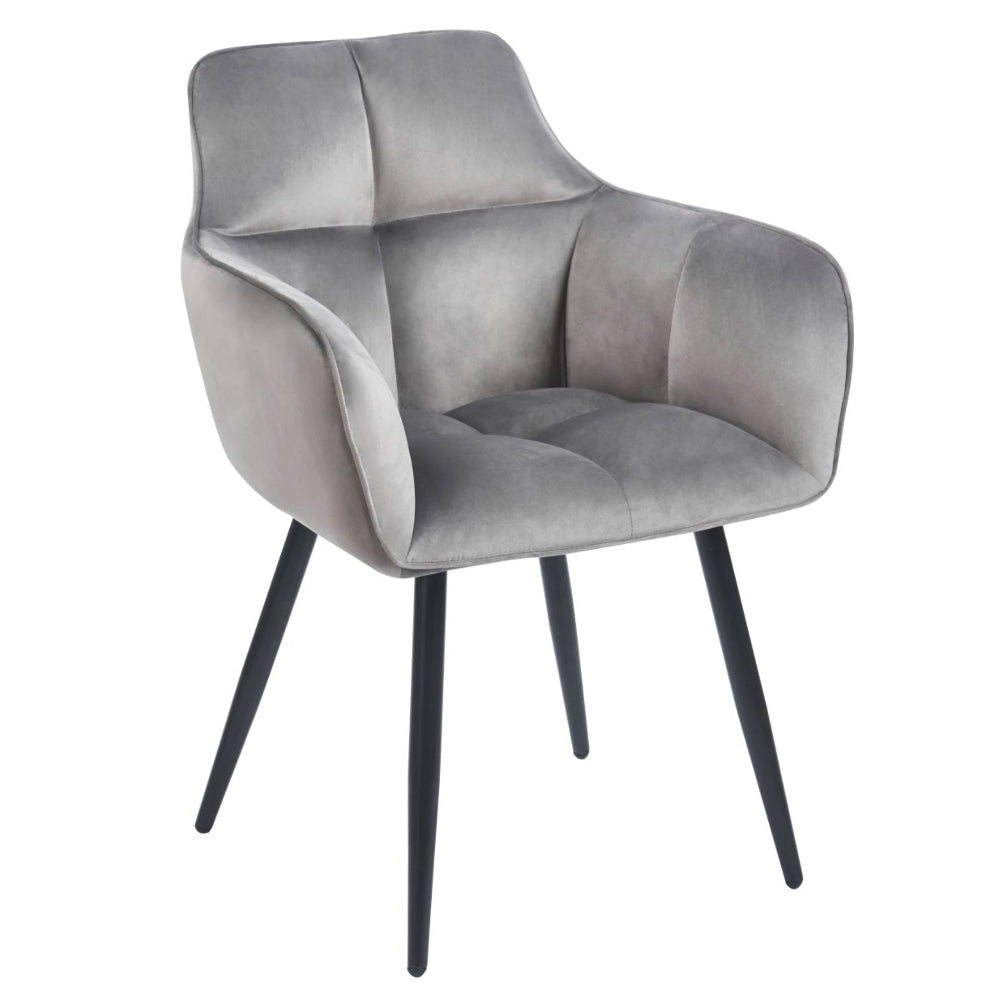 Scaun tapitat cu catifea, culoare gri, cu cotiere si spatar matlasat, stil modern/glamou, picioare metalice negre, 85 cm, – Default Title