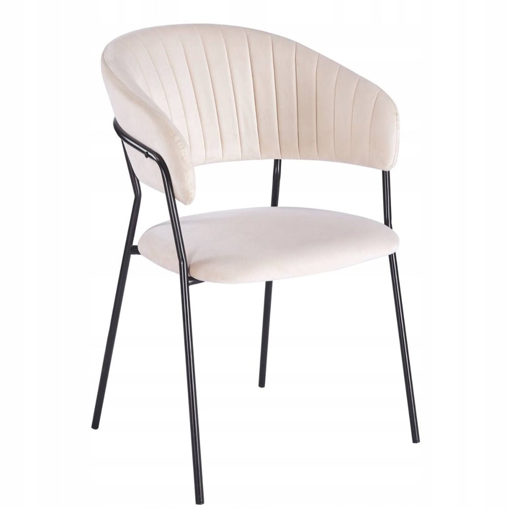 Scaun dining glamour, catifea velur bej, picioare metalice negre, stil Art Deco, cusaturi decorative – Default Title