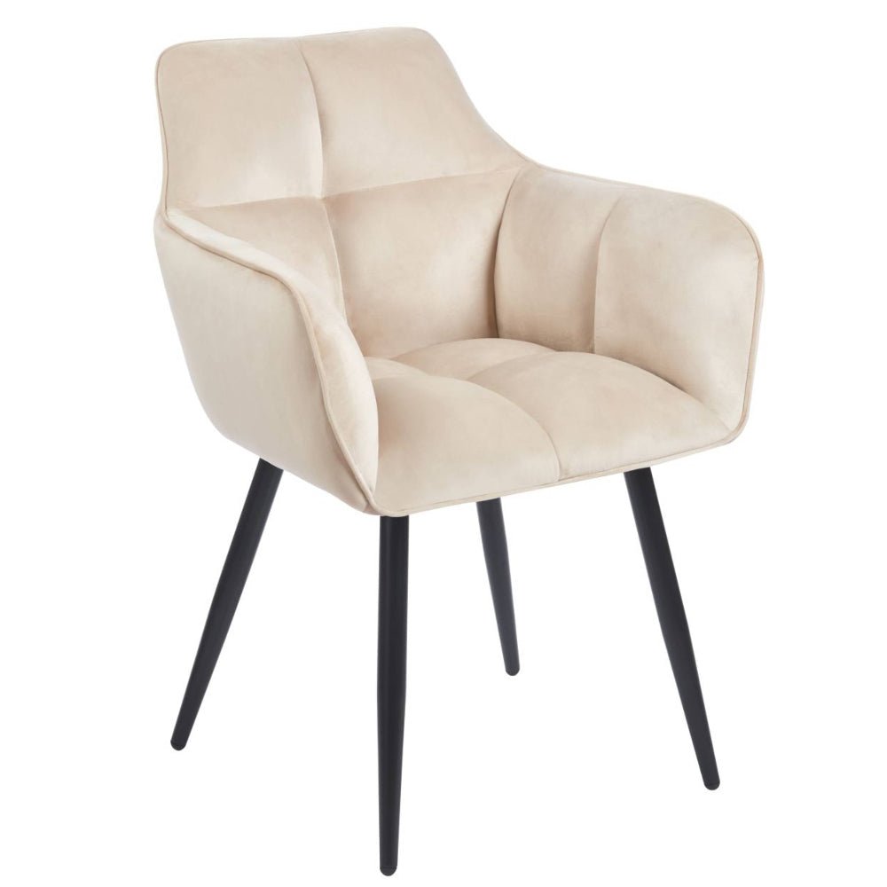 Scaun tapitat cu catifea, culoare bej, cu cotiere si spatar matlasat, stil modern/glamou, picioare metalice negre, 85 cm, – Default Title
