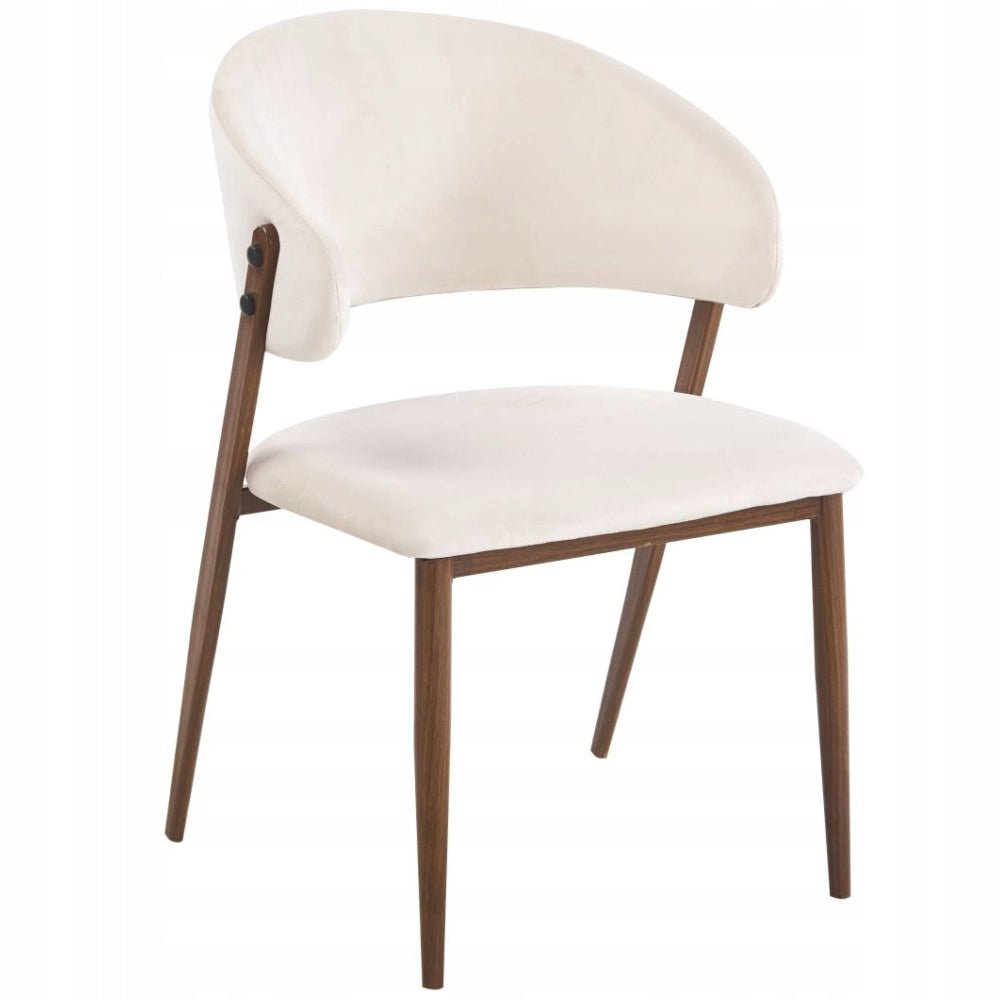 Scaun tapitat, velvet bej, spatar rotunjit tip cuva, picioare metalice maro aspect nuc, pentru living si dining 49x56x78 cm – Default Title