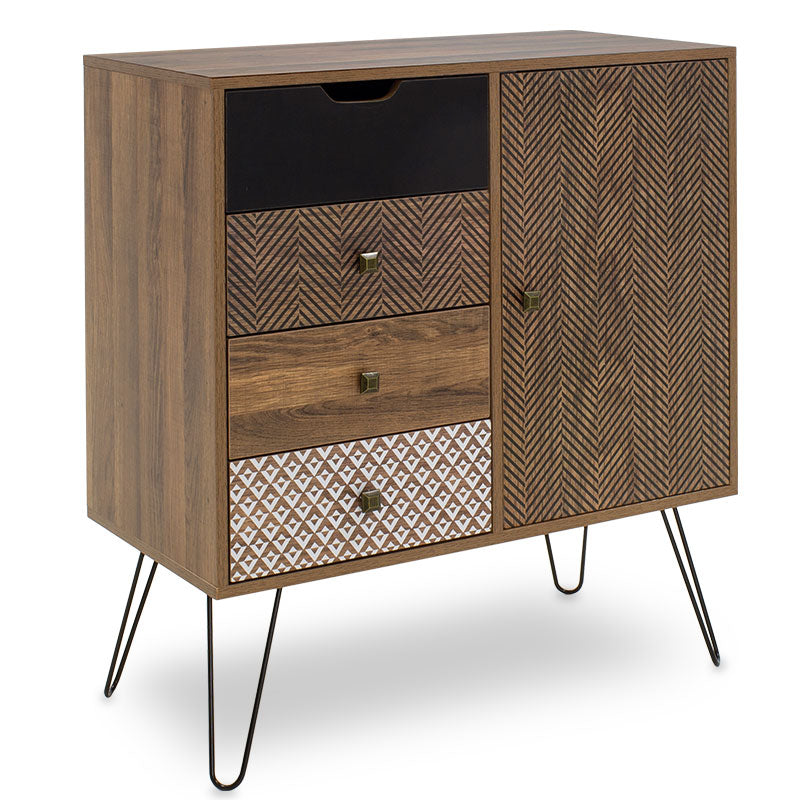 Comodă cu sertare și dulap Boho, Stil Boem, Lemn și Metal, 80x40x86 cm – Nuc