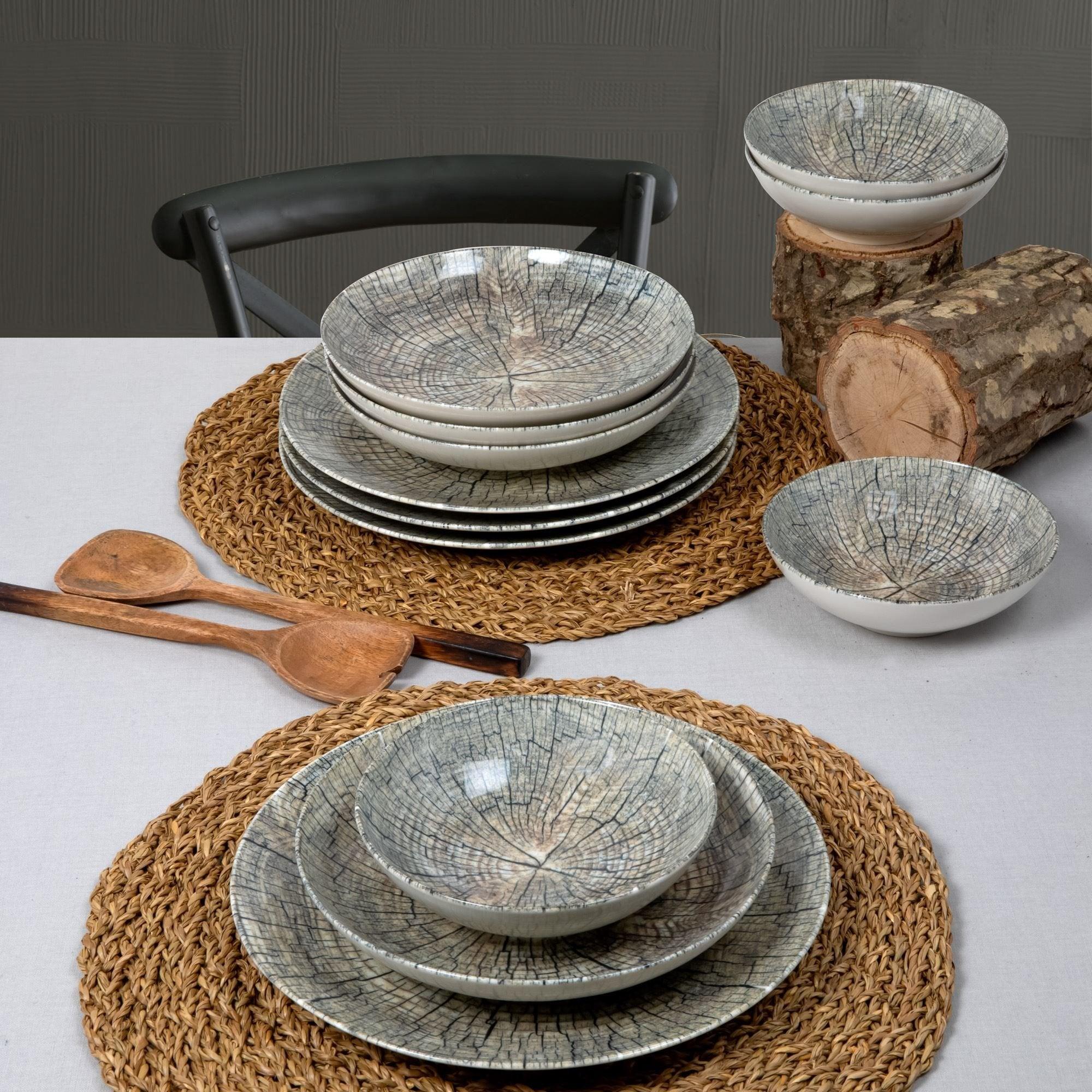 Serviciu de masa, Set 18 piese pentru cina,, Portelan, Lemn – Natur