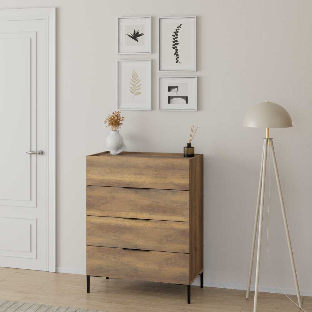Comoda SFN-1740-DD-1 Home Collection® Oryana, 4 sertare, Alb – Nuc – Stejar, 80x104x44 cm – Nuc