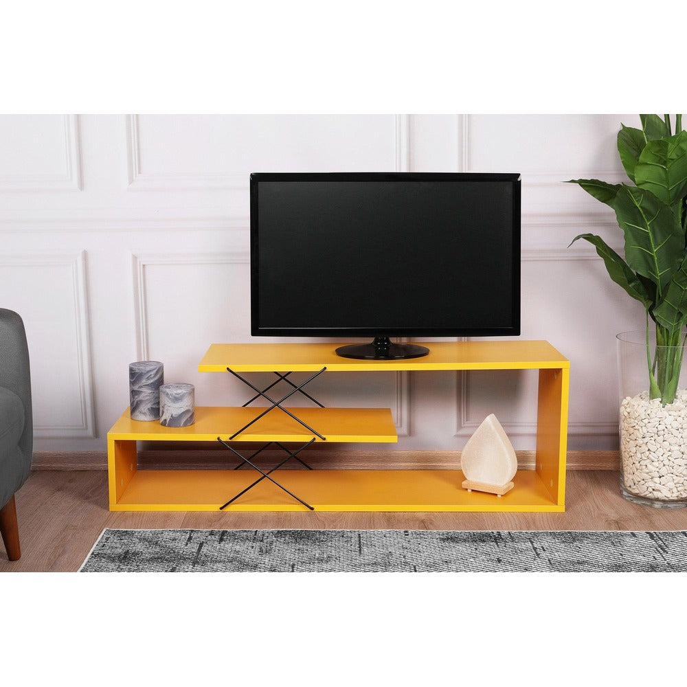 Comoda Tv Zigzag, Alb – Gri – Galben – Stejar – Maro, 120x40x30 cm – Galben