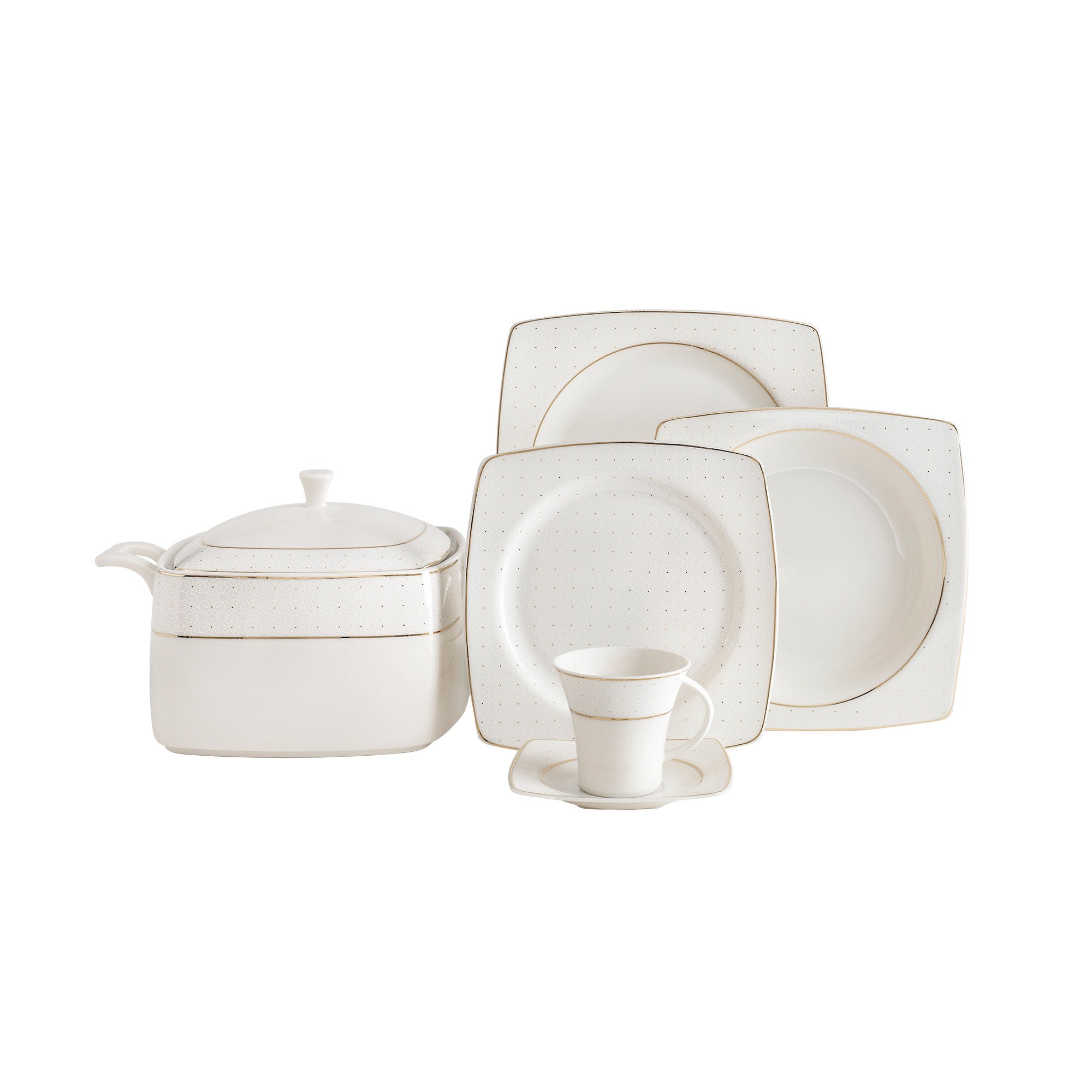 Serviciu de masă 85 bucăți GBSCR85KYT8305113, Alb – Auriu, 26×26 cm – Alb – Auriu Serviciu de masă 85 bucăți GBSCR85KYT8305113, Alb – Auriu, 26×26 cm – Alb – Auriu