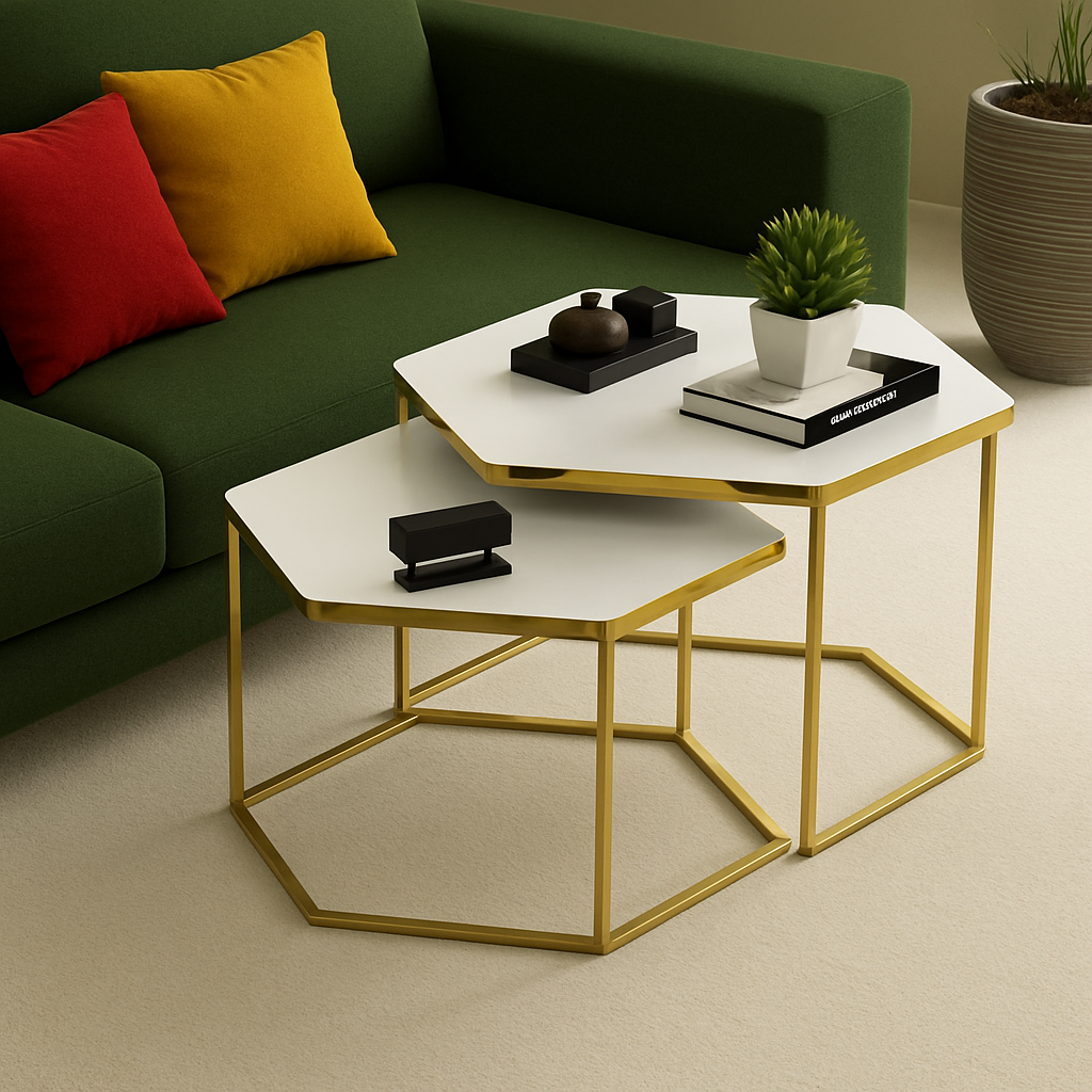 RESIGILAT – Set de 2 masute hexagonale, design Modern si Elegant cu Cadru Auriu si Blat Alb RESIGILAT – Set de 2 masute hexagonale, design Modern si Elegant cu Cadru Auriu si Blat Alb