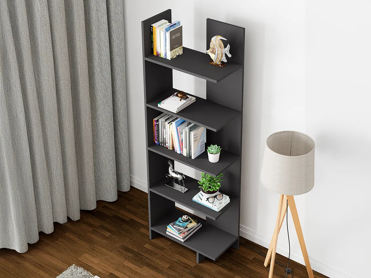 Raft Biblioteca Asimetric 5 Polite MDF Negru Decorativ Perete Raft Biblioteca Asimetric 5 Polite MDF Negru Decorativ Perete