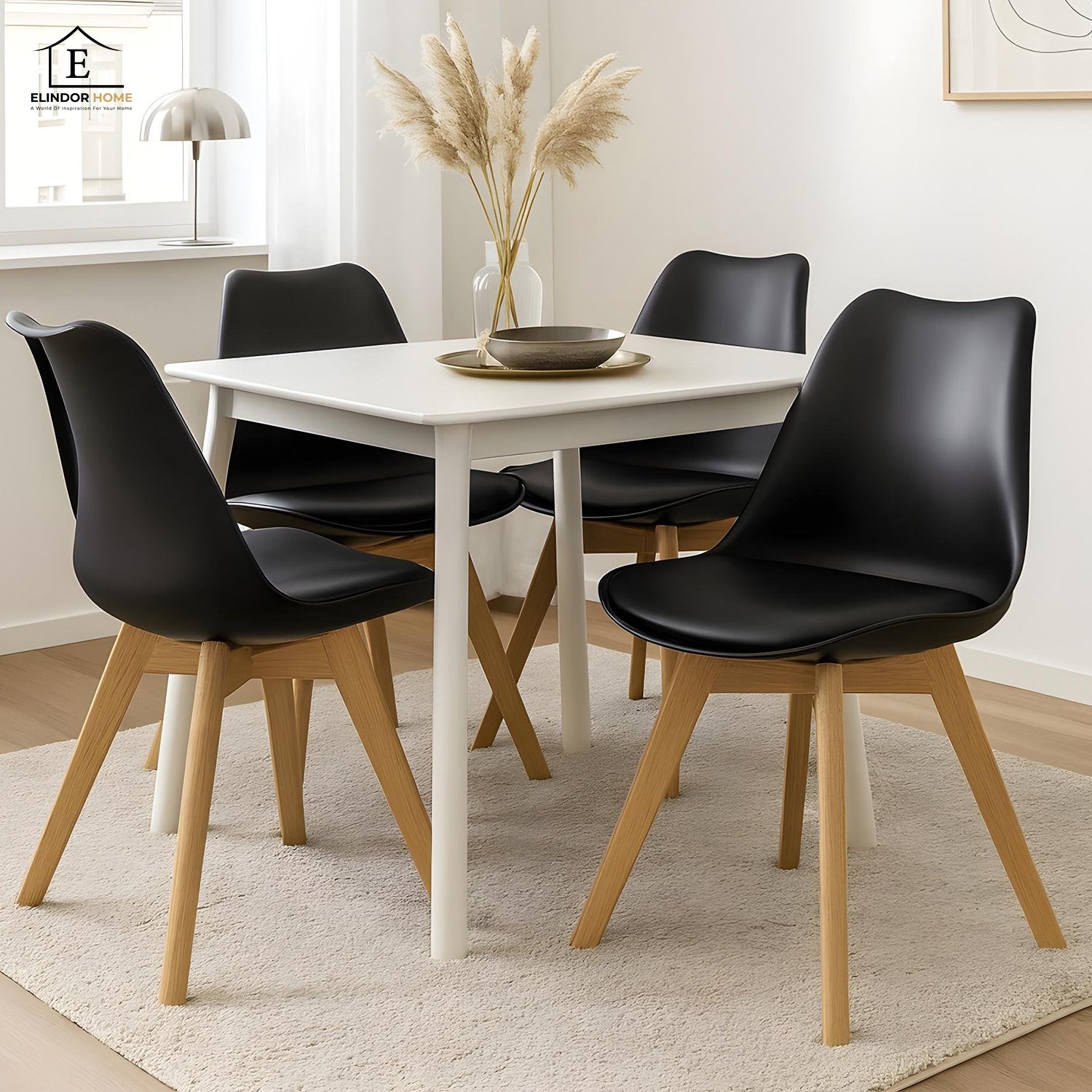 Set 4 Scaune Bucatarie Elindor® din Piele Ecologica, Picioare din Lemn, Scaun Confortabil, Perna Sezut, Elegant, pentru Bucatarie, Dormitor, Living, Negru – Default Title