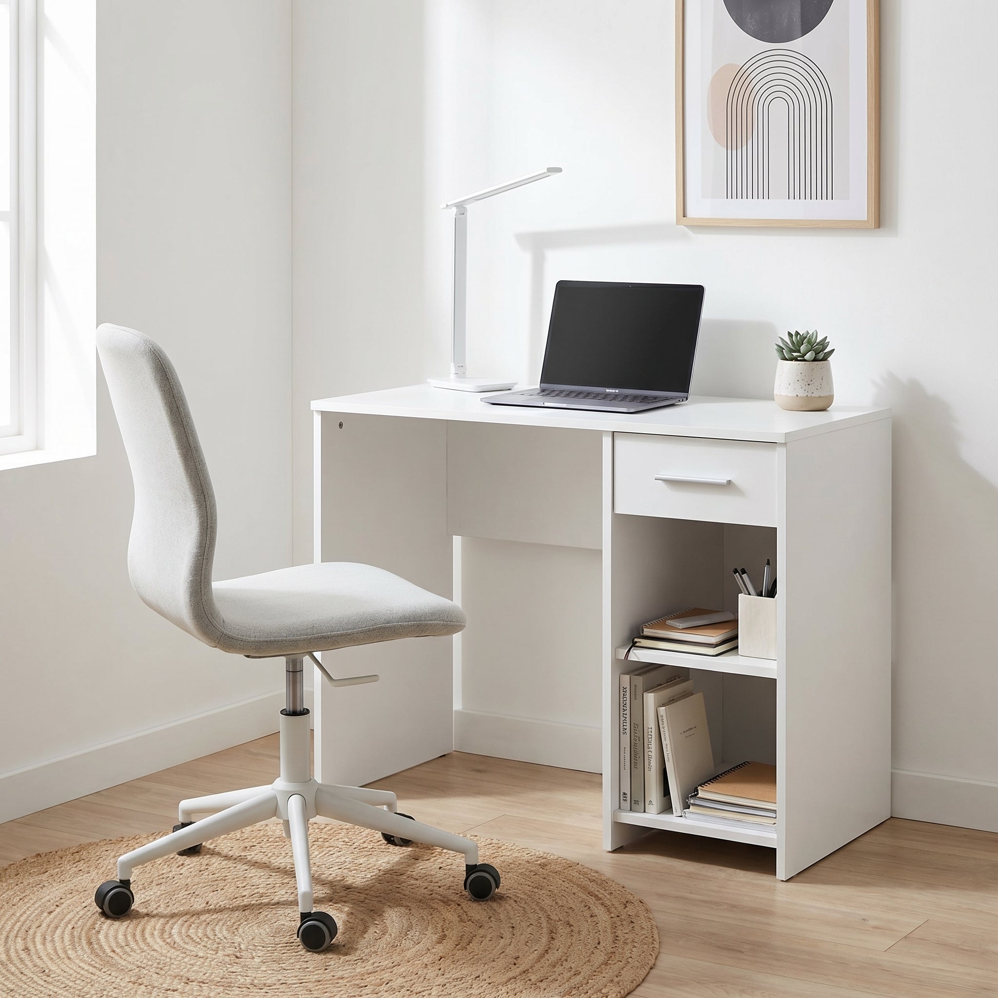 Birou Modern CMS-505-BB-1 Home Collection® Concept cu Sertar și 2 Rafturi, Alb – Maro – Stejar – Antracit, 90x52x75 cm – Alb