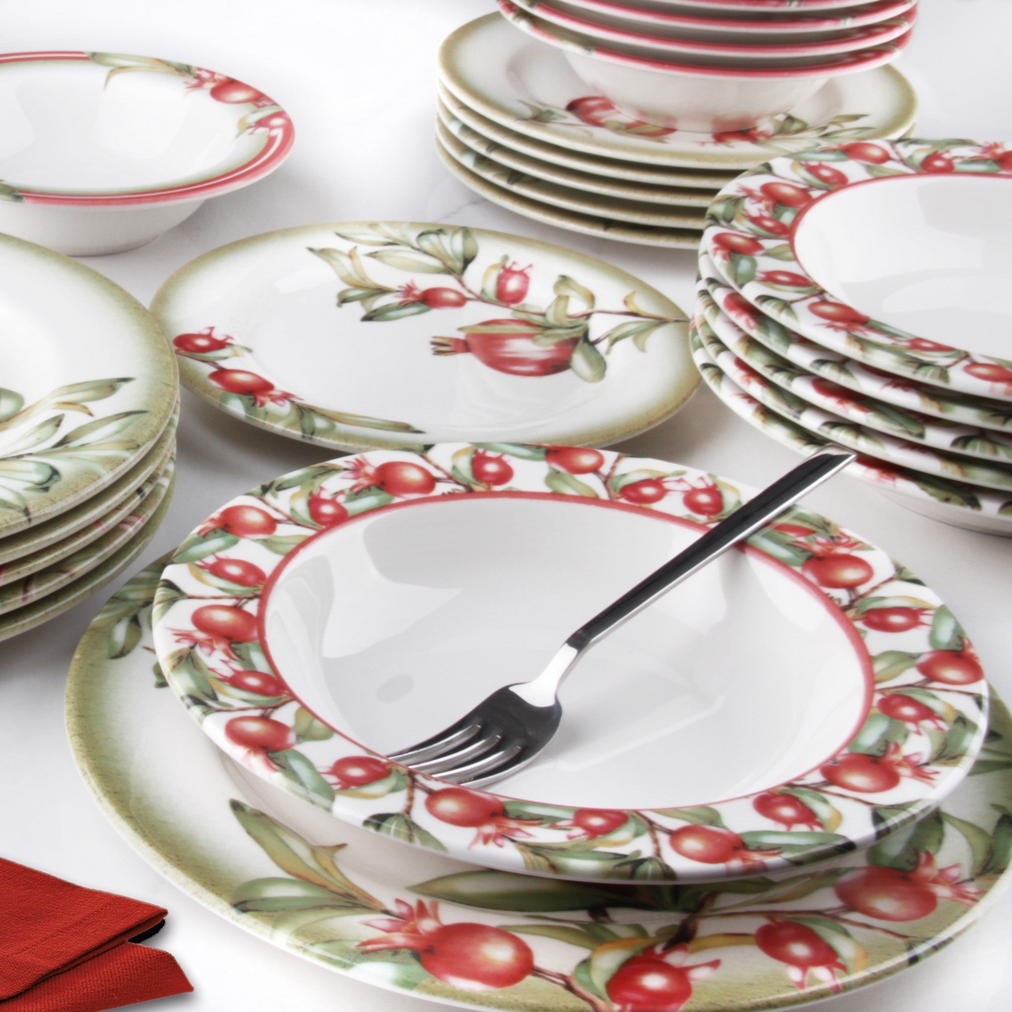 Serviciu de masă 24 bucăți PRS 532, Roșu – Alb – Verde, 25x25x2 cm – Roșu – Alb – Verde
