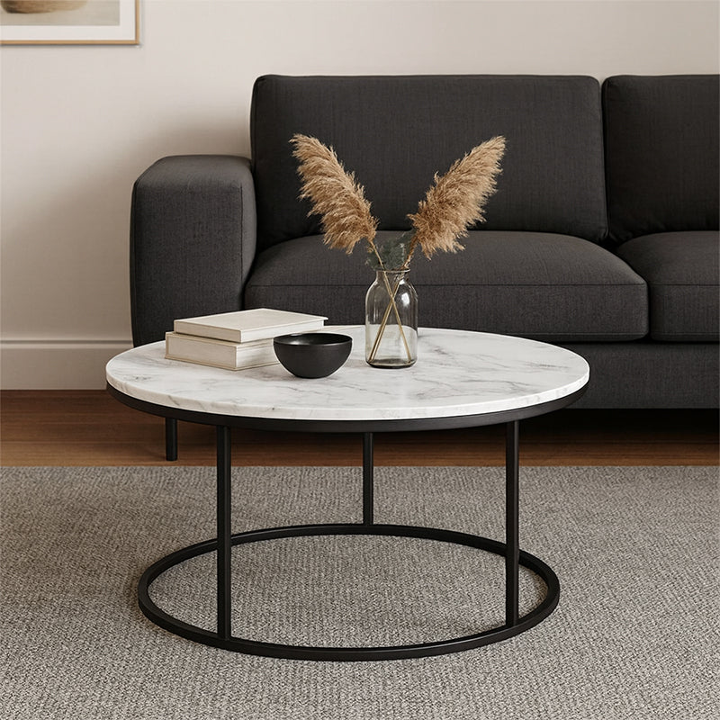 Măsuță de cafea cu blat de marmură, Metal, Negru, 60×40 cm – Negru