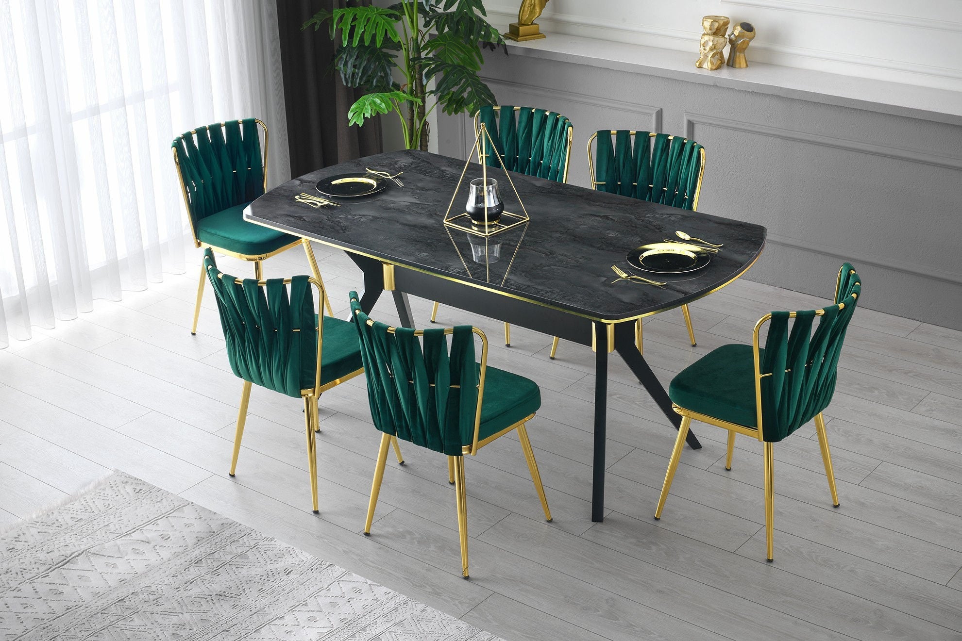 Set 2 scaune Kuşaklı – 206 V2, Auriu – Verde, 43x43x82 cm – Auriu – Verde Set 2 scaune Kuşaklı – 206 V2, Auriu – Verde, 43x43x82 cm – Auriu – Verde