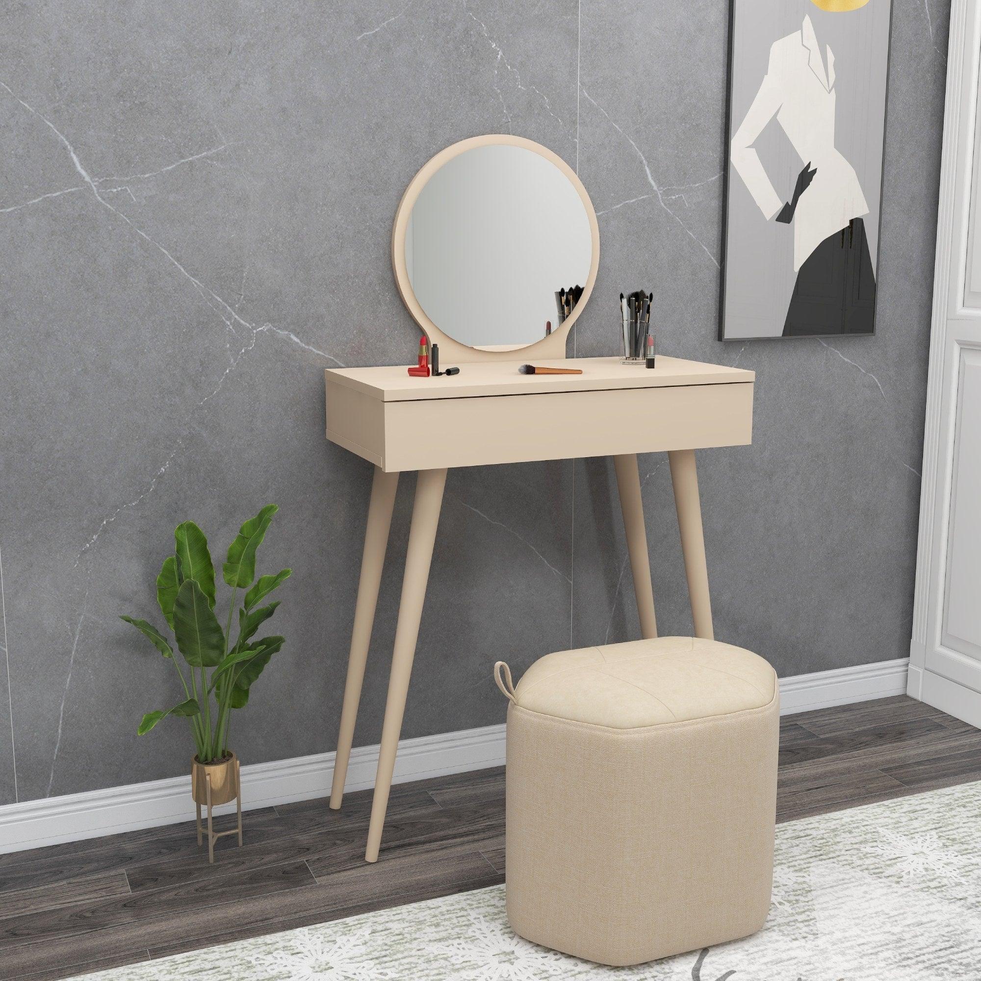 Masa de machiaj Elegant Siena cu Sertar si cu Oglinda, 72 x 130 x 35 cm – Bej