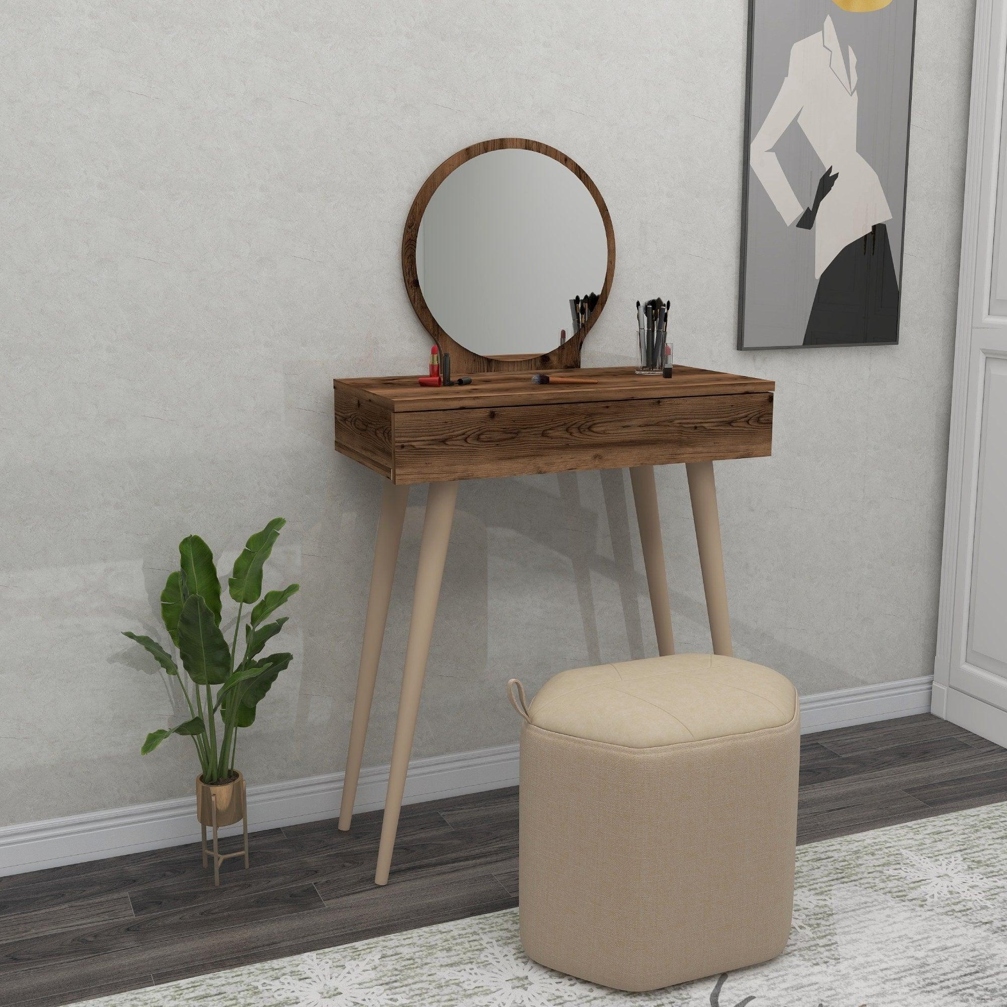 Masa de machiaj Elegant Siena cu Sertar si cu Oglinda, 72 x 130 x 35 cm – Maro