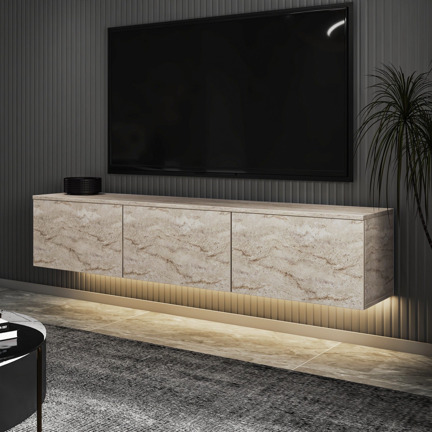Comodă TV Neon Illuminated, Travertin, 160x32x35 cm – Bej