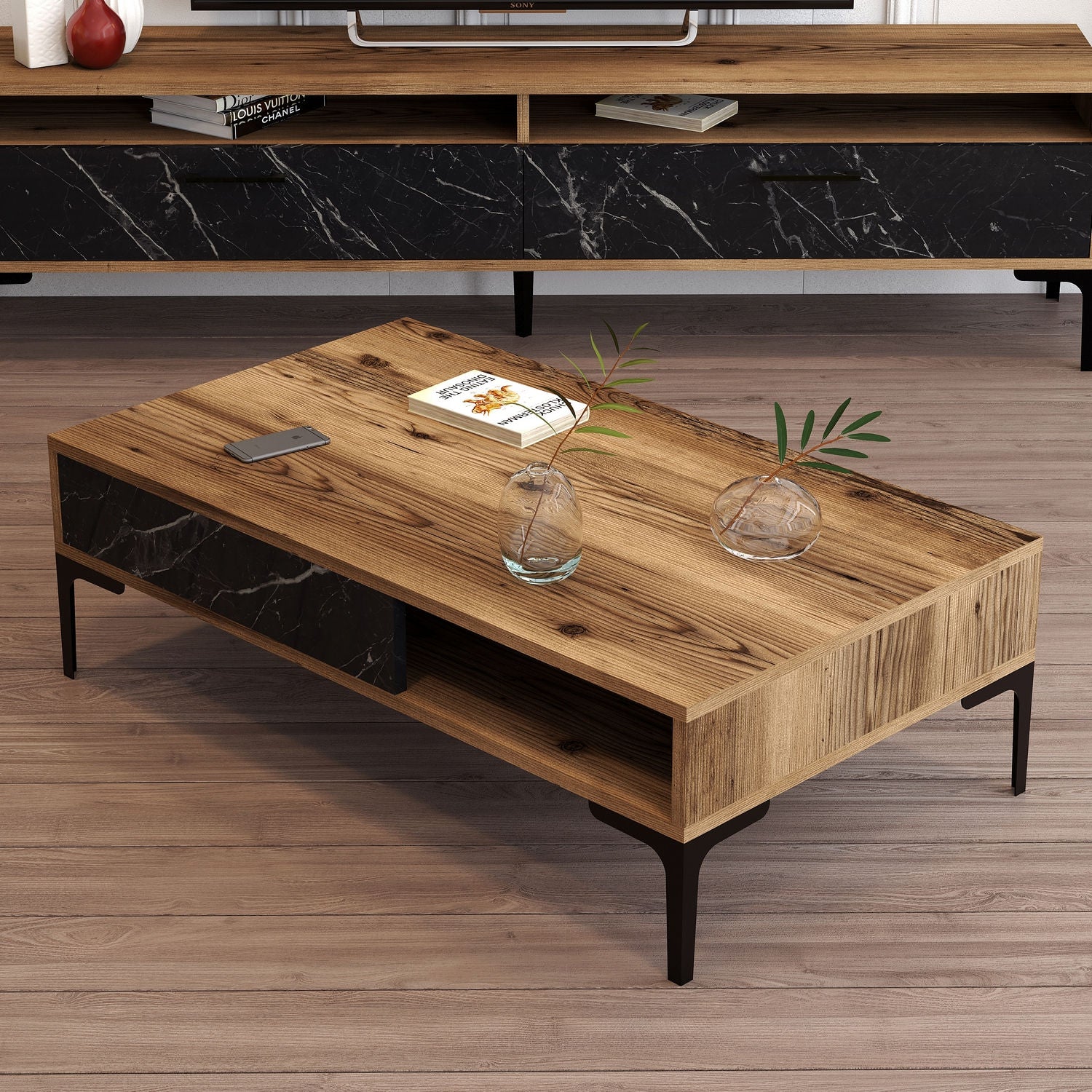 Măsuță de cafea Istanbul – Walnut, Black Marble, Nuc – Negru, 105x60x33 cm – Nuc – Negru