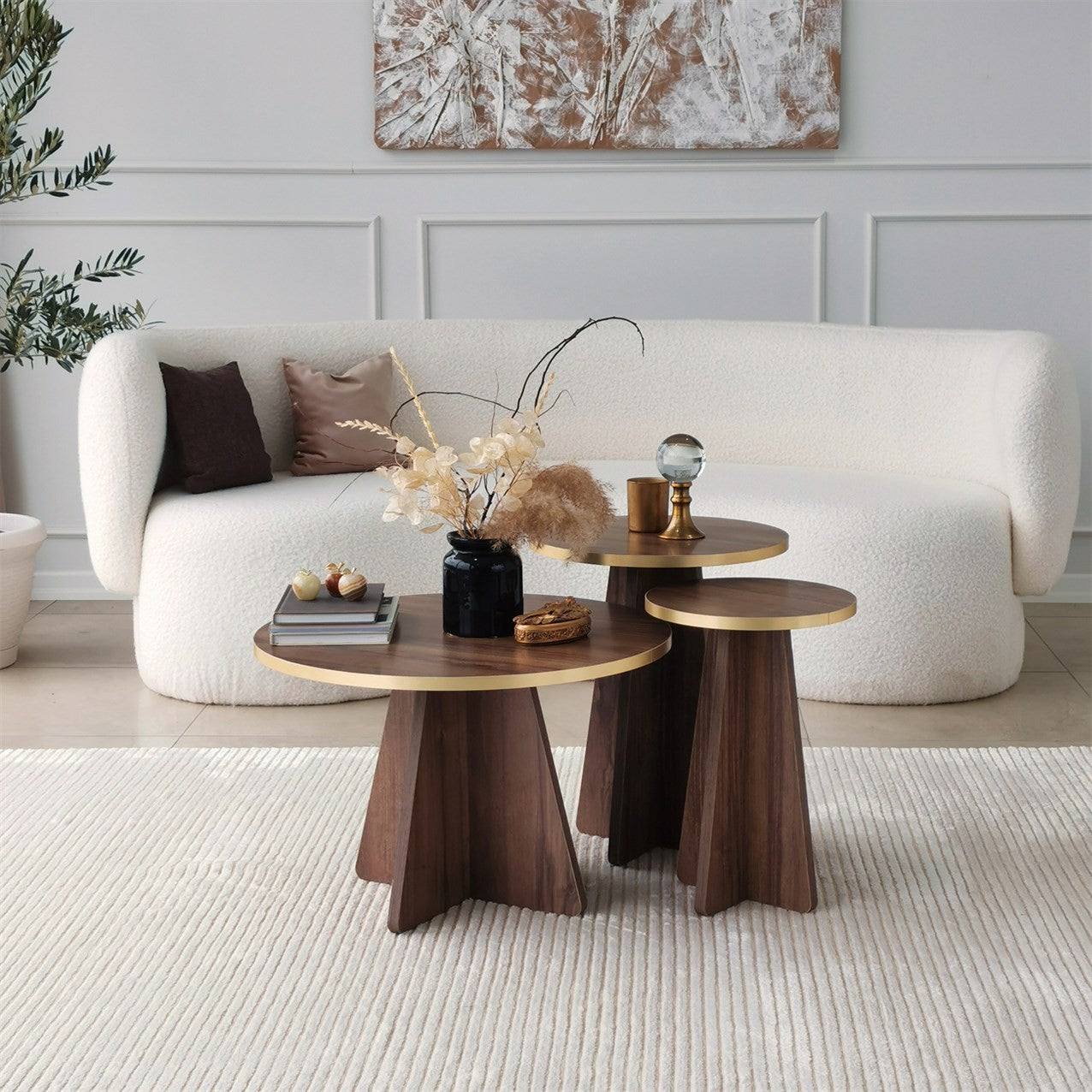 Măsuță de cafea Mushroom – Gold, Walnut v2, Auriu – Nuc, 60x60x40 cm – Auriu – Nuc