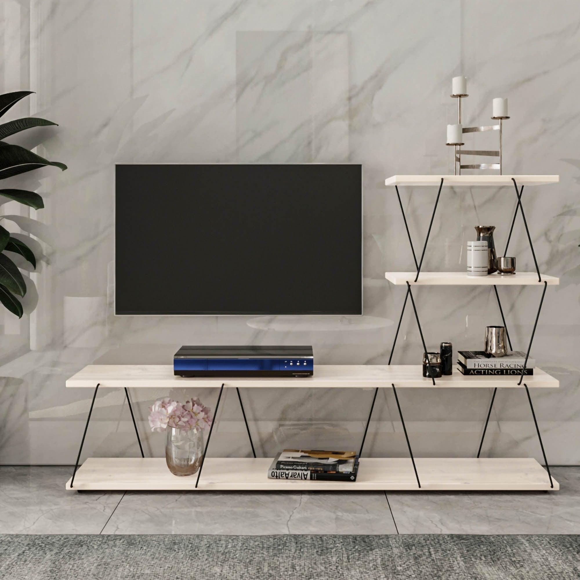 Comoda Tv ilgaz, Alb – Crem – Gri, 150x93x30 cm – Alb Comoda Tv ilgaz, Alb – Crem – Gri, 150x93x30 cm – Alb