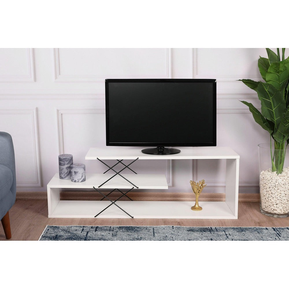Comoda Tv Zigzag, Alb – Gri – Galben – Stejar – Maro, 120x40x30 cm – Alb