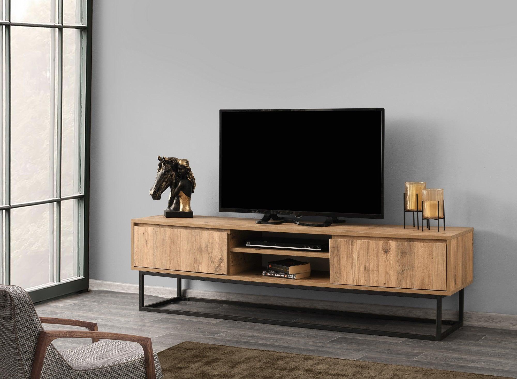 COMODA TV Zealot cu 2 Sertare si Rafturi, Lemn natural, 180 x 50 x 40 cm – Negru