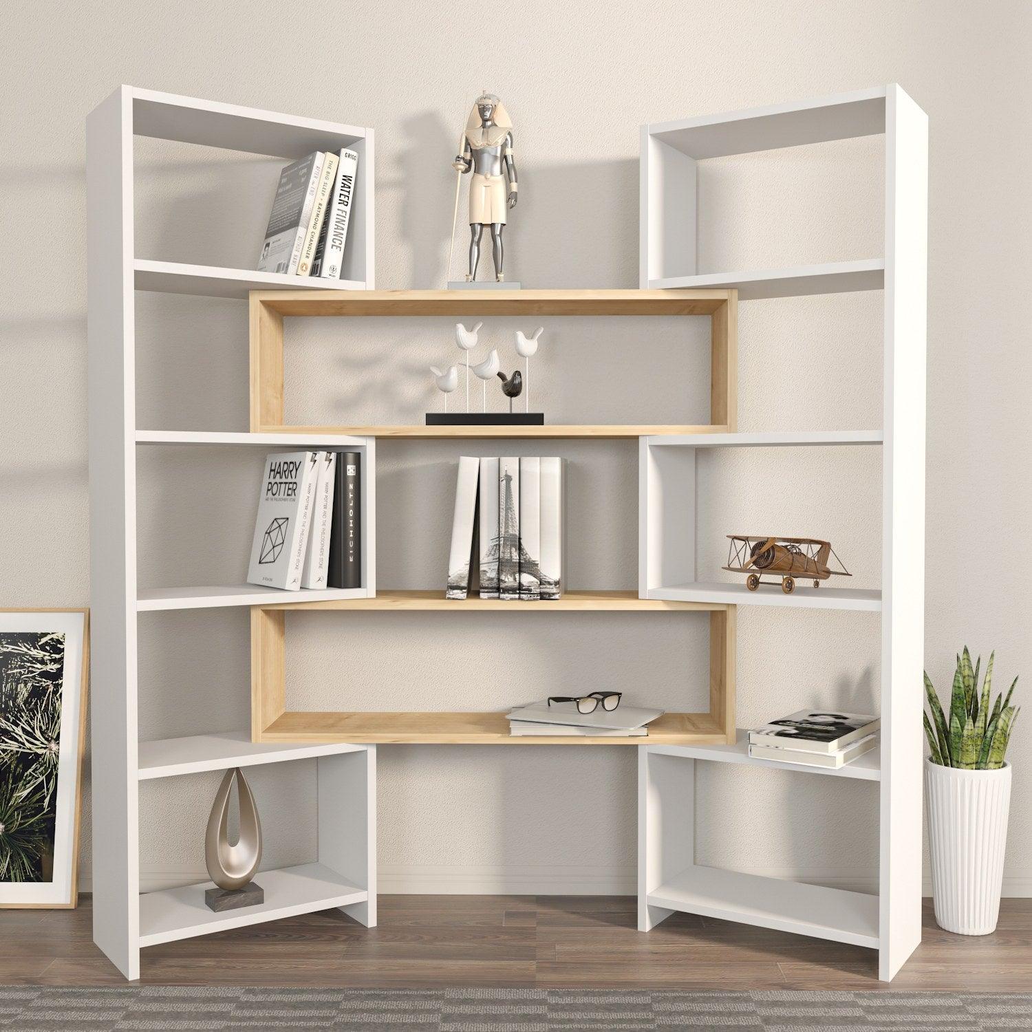 Bibliotecă de Colț Multifuncțională, 163x150x22 cm – stejar alb