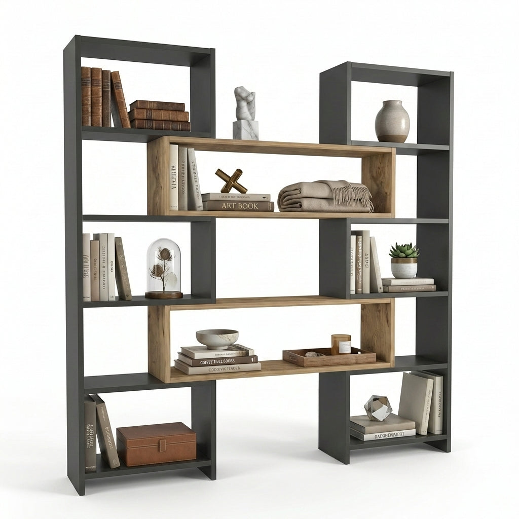 Bibliotecă de Colț Multifuncțională, 163x150x22 cm – Stejar negru
