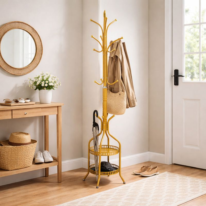 RESIGILAT – Cuier de podea metalic auriu, 34 x 189 cm, cu carlige multiple si 2 rafturi de depozitare, tip hall tree, pentru hol, dormitor sau birou