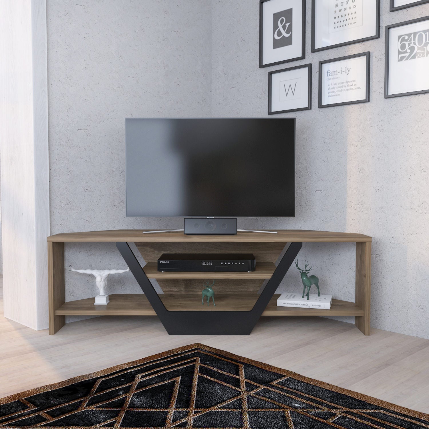 Comodă TV Sares, Diverse culori, 120x35x37 cm – Nuc – Negru