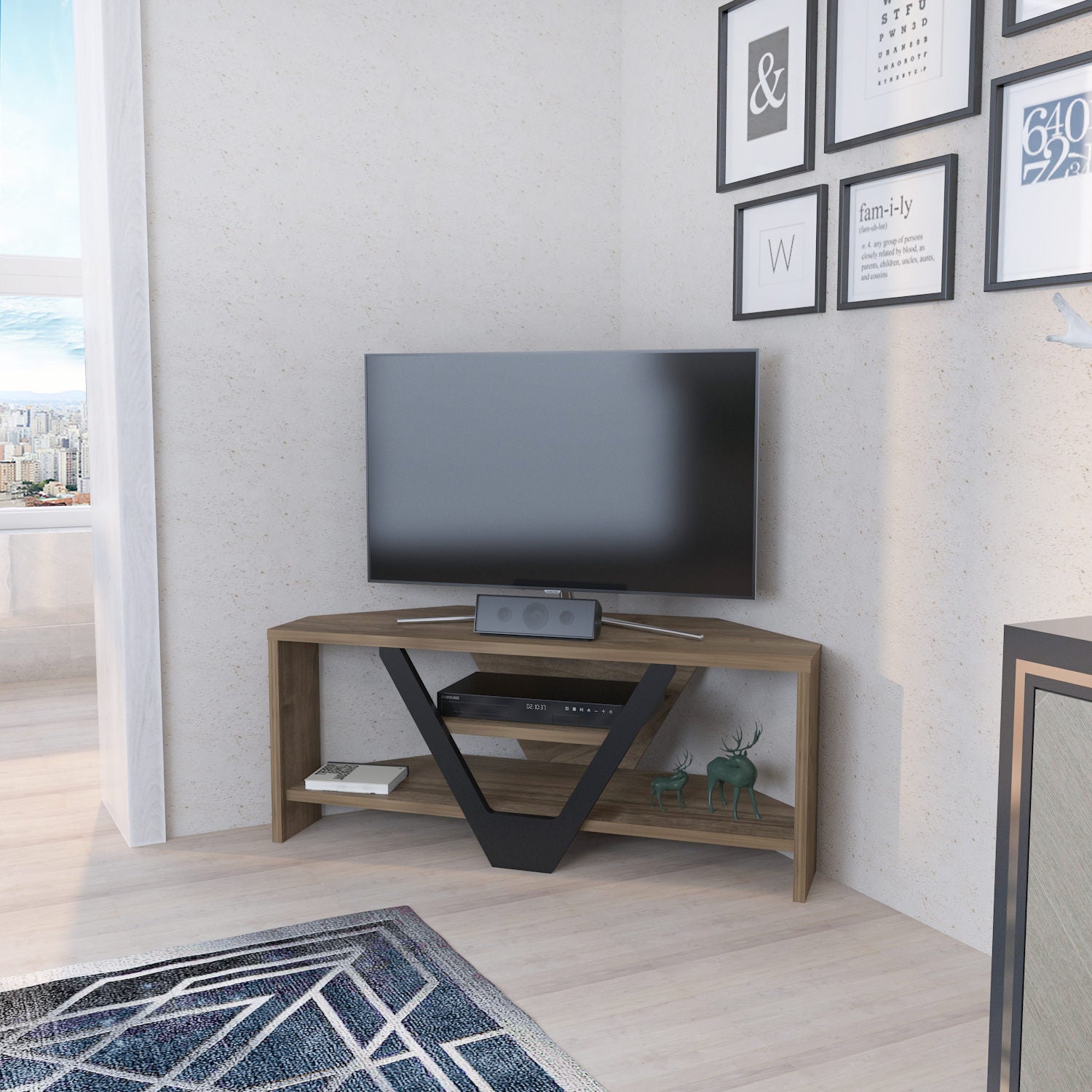 Comodă TV Karin, Diverse culori, 90x35x37 cm – Nuc – Negru