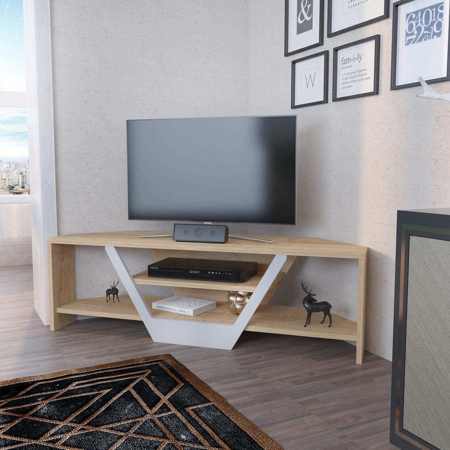 Comodă TV Sares, Diverse culori, 120x35x37 cm – Alb – Stejar
