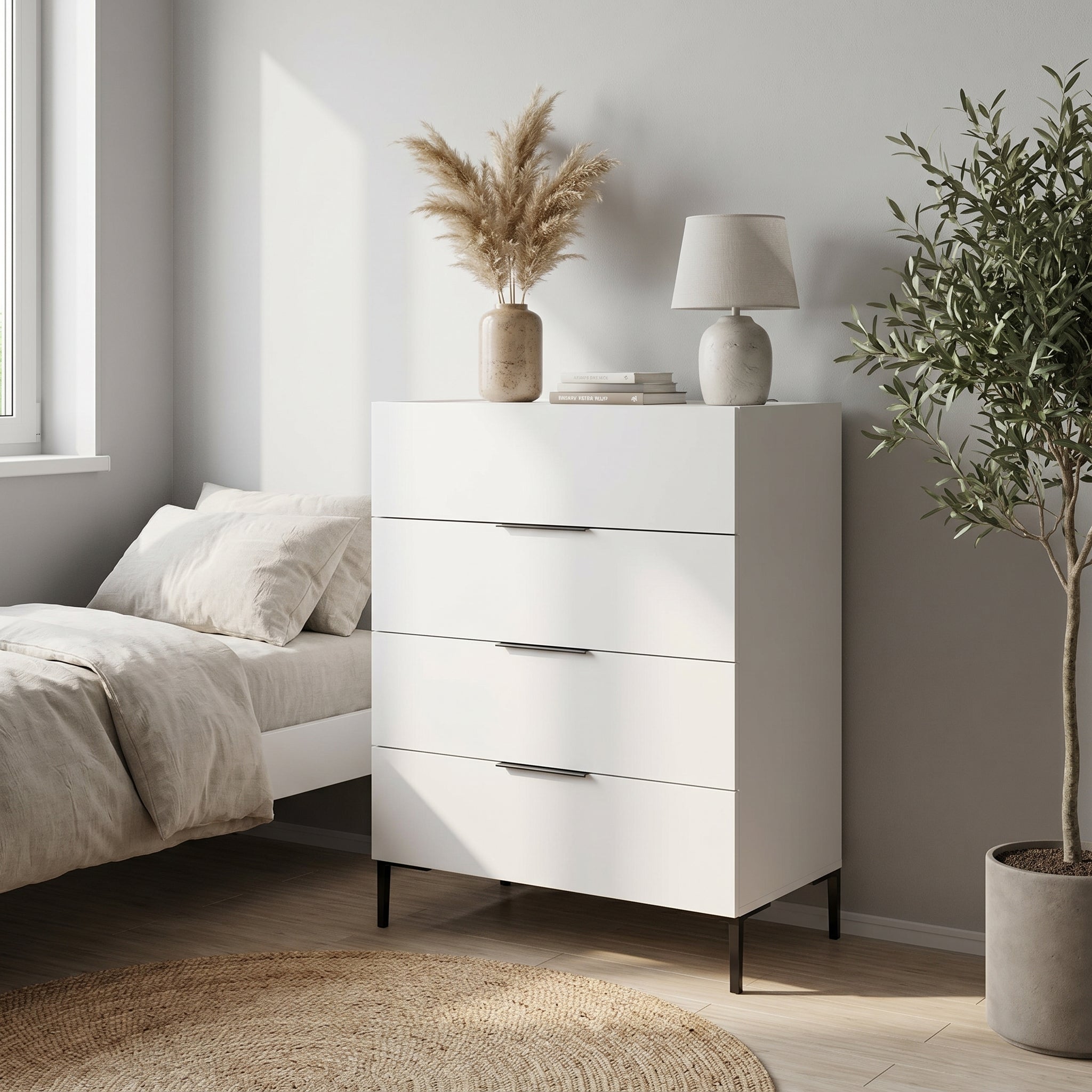 Comoda SFN-1740-DD-1 Home Collection® Oryana, 4 sertare, Alb – Nuc – Stejar, 80x104x44 cm – Alb Comoda SFN-1740-DD-1 Home Collection® Oryana, 4 sertare, Alb – Nuc – Stejar, 80x104x44 cm – Alb