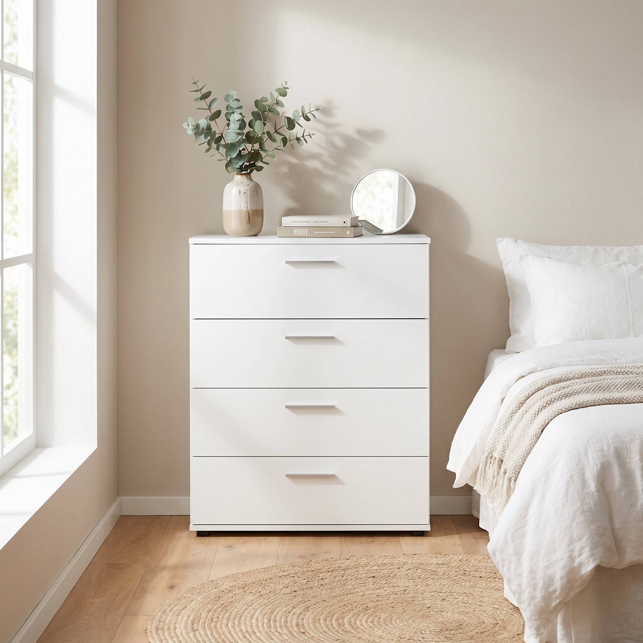 Comoda SFN-540-BB-1 Home Collection® Trendline, 4 sertare, Alb – Nuc, 73x96x44 cm – Alb Comoda SFN-540-BB-1 Home Collection® Trendline, 4 sertare, Alb – Nuc, 73x96x44 cm – Alb