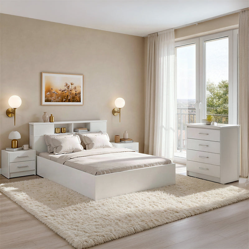 Set dormitor Olympus White, Lemn, Set 4 piese, Pat 140×200 cm – Alb