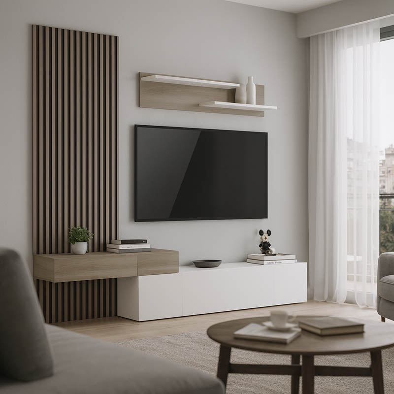 Set de living Litende cu Riflaj, Alb-sonoma, 249x42x199 cm – Alb