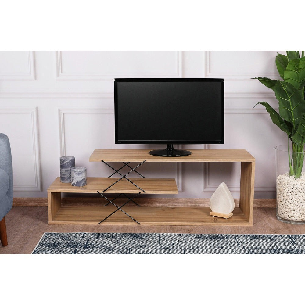 Comoda Tv Zigzag, Alb – Gri – Galben – Stejar – Maro, 120x40x30 cm – Stejar