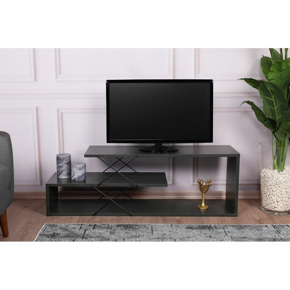 Comoda Tv Zigzag, Alb – Gri – Galben – Stejar – Maro, 120x40x30 cm – Gri