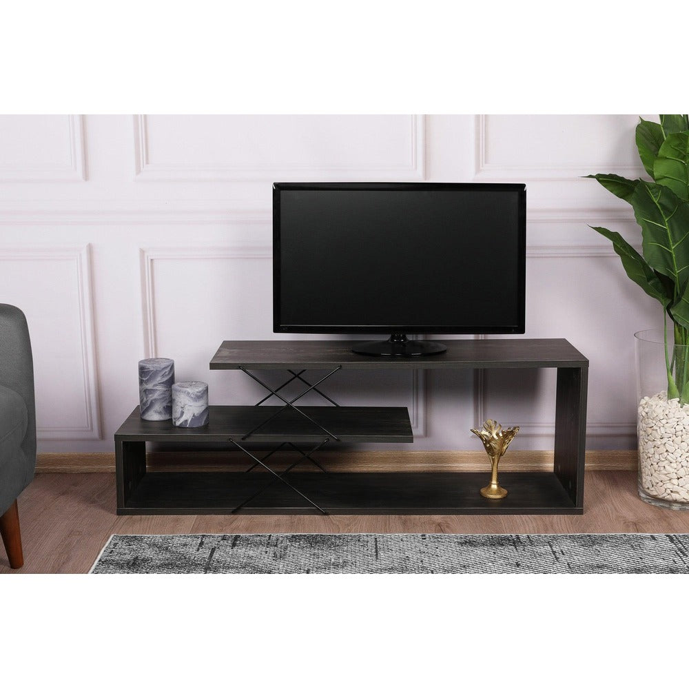 Comoda Tv Zigzag, Alb – Gri – Galben – Stejar – Maro, 120x40x30 cm – Maro inchis