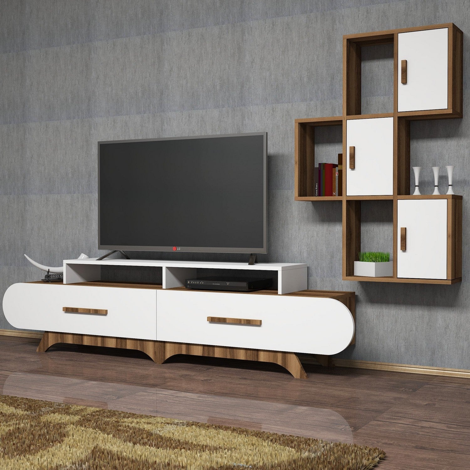 Comodă TV Flora S, Nuc – Alb, 205x37x50 cm – Nuc – Alb