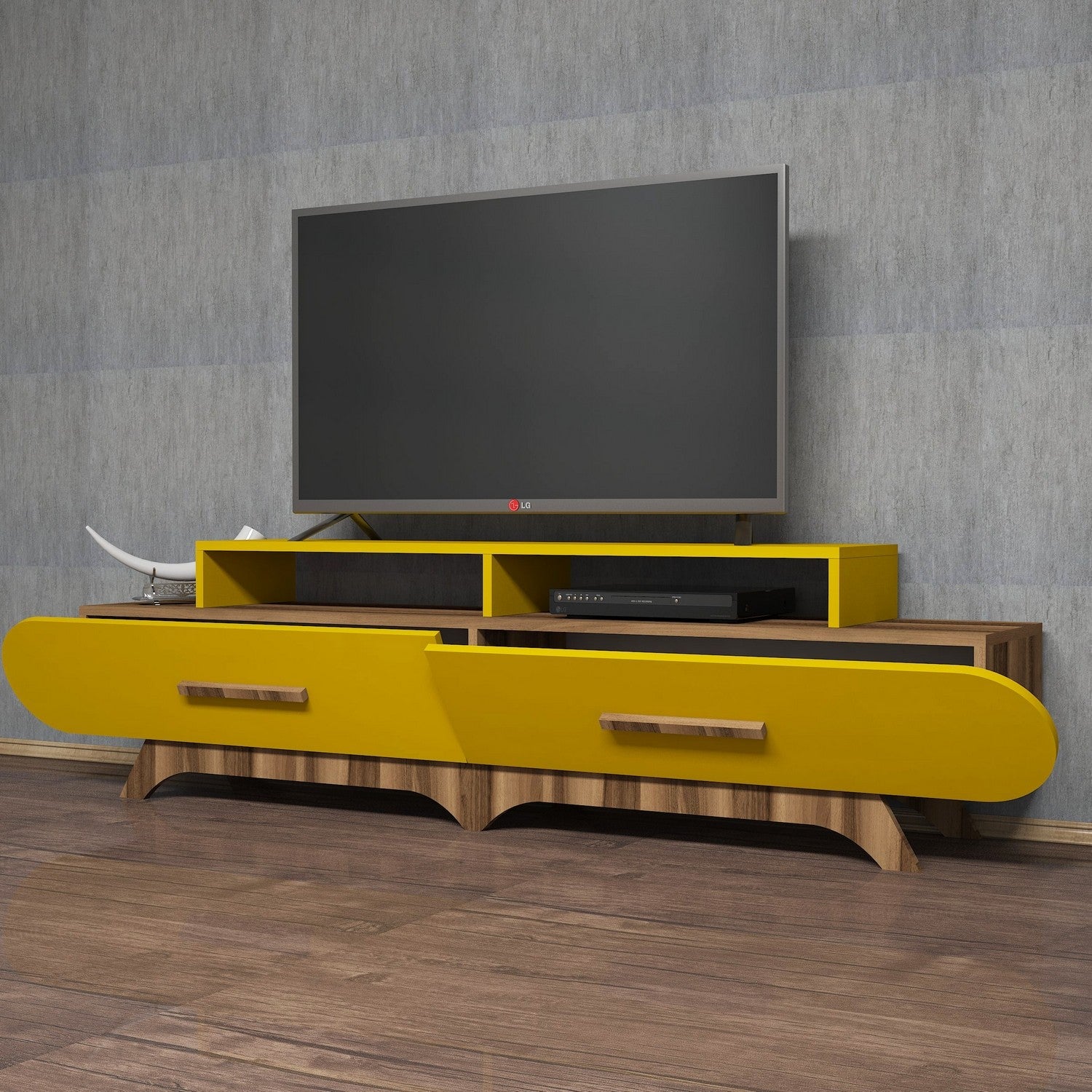 Comodă TV Flora, Nuc – Galben, 205x37x50 cm – Nuc – Galben