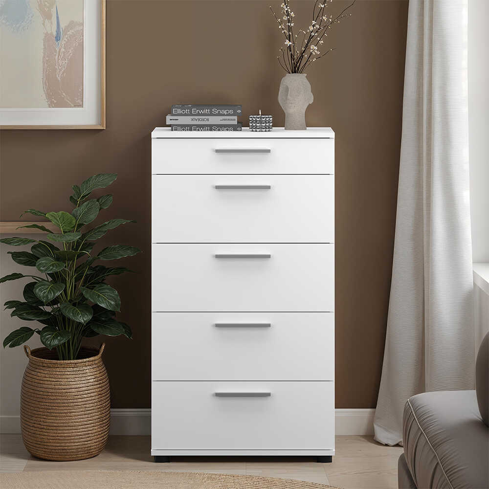 Comoda SFN-550-FF-1 Home Collection® Trendline cu 5 sertare, Alb – Maro – Stejar – Mov, 60x108x44 cm – Alb Comoda SFN-550-FF-1 Home Collection® Trendline cu 5 sertare, Alb – Maro – Stejar – Mov, 60x108x44 cm – Alb
