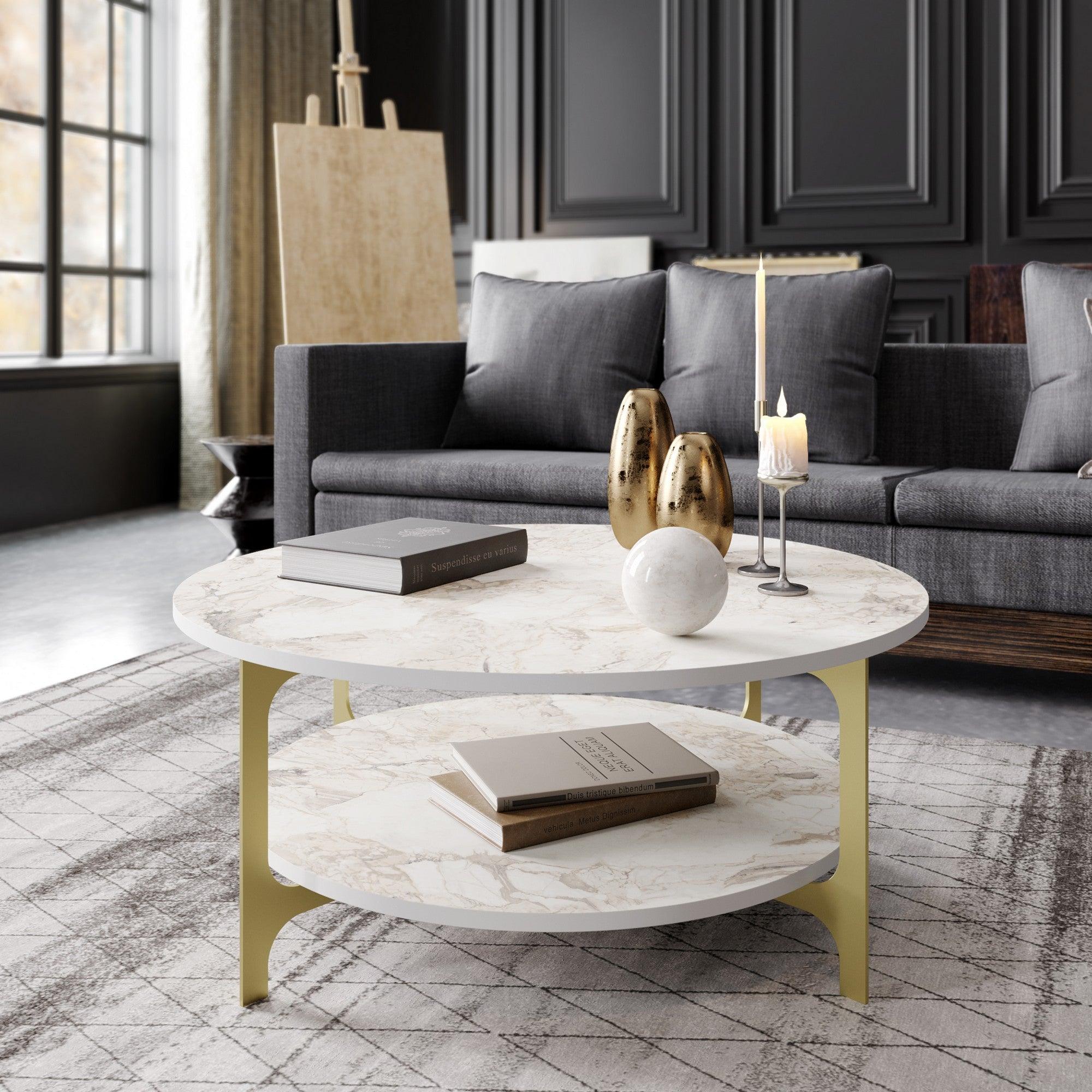 Măsuță de cafea Versy, Diverse culori, Diverse dimensiuni – Auriu – Alb / 90x37x90 cm