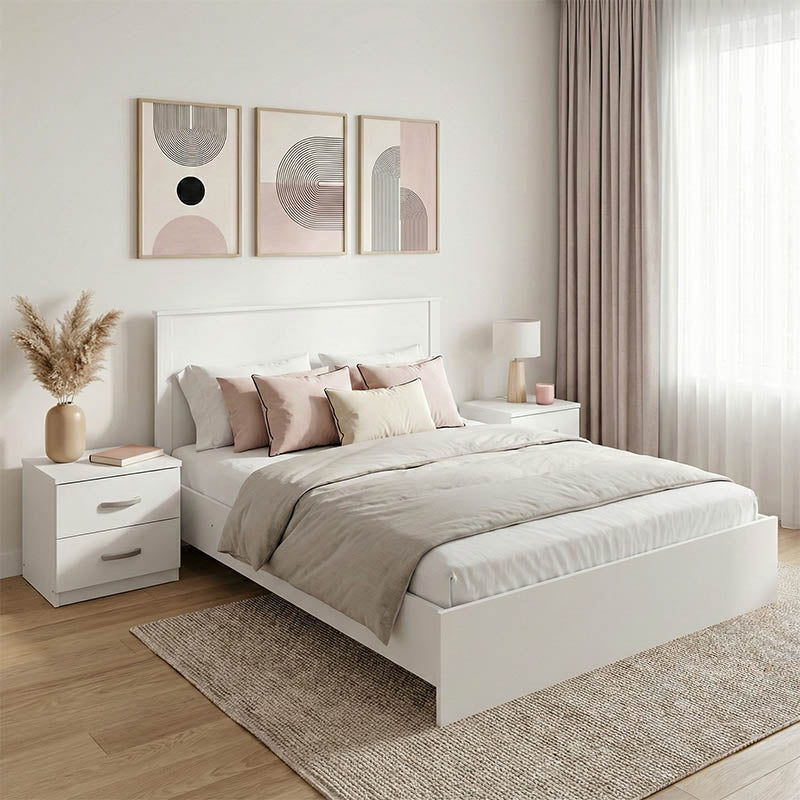 Set dormitor Athos, pat cu spațiu de depozitare, pat: , Set 3 piese, Alb, 140×200 cm – Alb